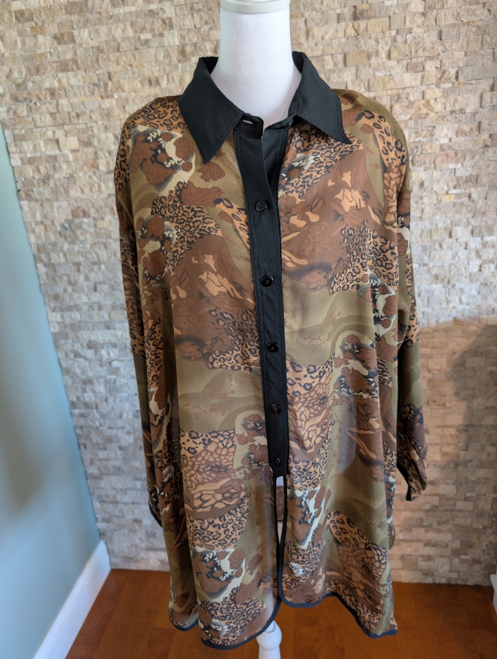 Vintage Mob Wife Button Up Tunic Shirt Sheer Shoulder Pads Maximalist Top Sz XL
